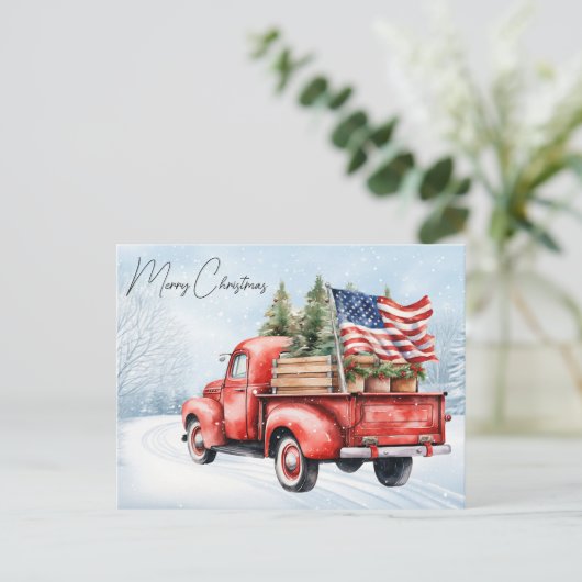 ヴィンテージレッドクリスマストラック米国国旗の愛国心 ポストカード (スタンド正面)