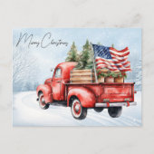 ヴィンテージレッドクリスマストラック米国国旗の愛国心 ポストカード (正面)
