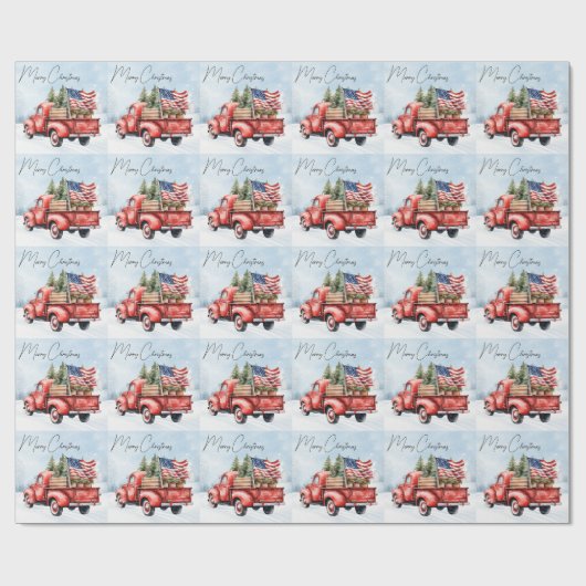 ヴィンテージレッドクリスマストラック米国国旗の愛国心 ラッピングペーパー (フラット)