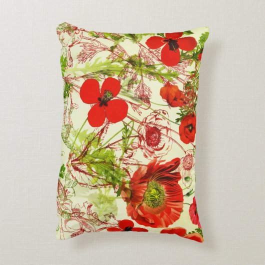ヴィンテージレッドグリーンケシ夏の野草 アクセントクッション (裏面(縦))