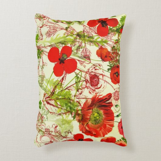 ヴィンテージレッドグリーンケシ夏の野草 アクセントクッション (正面(垂直))