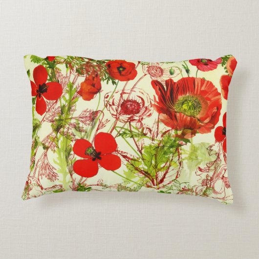 ヴィンテージレッドグリーンケシ夏の野草 アクセントクッション (裏面)
