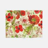 ヴィンテージレッドグリーンケシ夏の野草 フリースブランケット (正面(横))