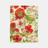 ヴィンテージレッドグリーンケシ夏の野草 フリースブランケット (正面)