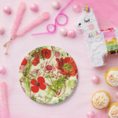 ヴィンテージレッドグリーンケシ夏の野草 ペーパープレート (パーティー)