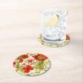 ヴィンテージレッドグリーンケシ夏の野草 ラウンドペーパーコースター (インサイチュ)