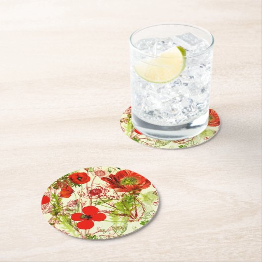 ヴィンテージレッドグリーンケシ夏の野草 ラウンドペーパーコースター (インサイチュ)
