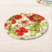 ヴィンテージレッドグリーンケシ夏の野草 ラウンドペーパーコースター (アングル)