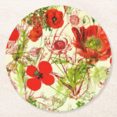 ヴィンテージレッドグリーンケシ夏の野草 ラウンドペーパーコースター (正面)