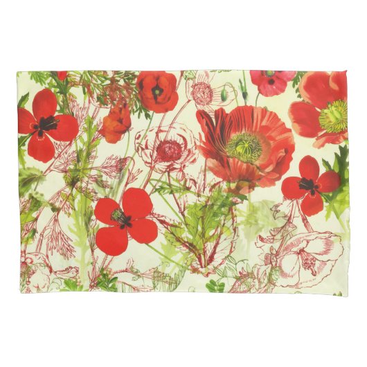 ヴィンテージレッドグリーンケシ夏の野草 枕カバー (正面)