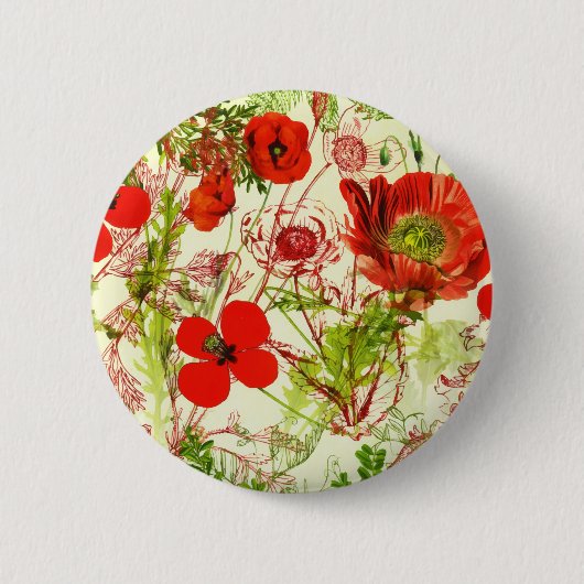ヴィンテージレッドグリーンケシ夏の野草 缶バッジ (正面)