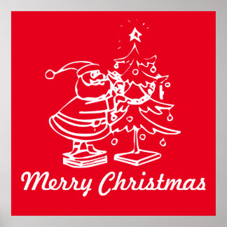 ヴィンテージレッドサンタクロースとクリスマスツリー ポスター