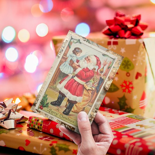 ヴィンテージレッドサンタクロースと女の子メリークリスマス シーズンカード