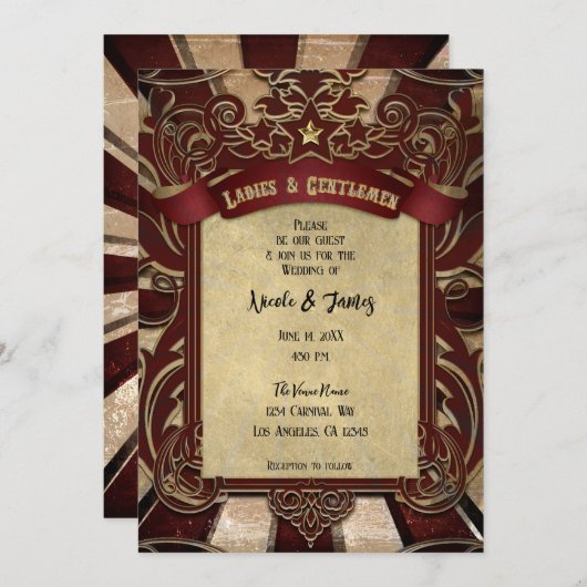 ヴィンテージレッドサーカスカーニバルエレガントな結婚式 招待状 (正面/裏面)