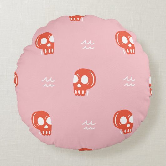 ヴィンテージレッドスカルヘッドパターン ラウンドクッション (正面)