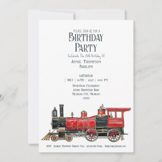 ヴィンテージレッドスチームトレインバースデーパーティーの招待 招待状 (正面)