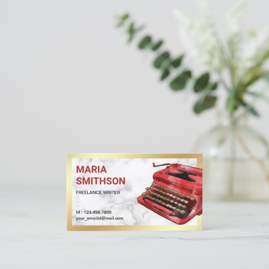 ヴィンテージレッドタイプライターQRコードライター作家 名刺 (スタンド正面)