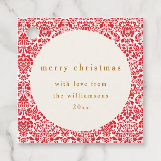 ヴィンテージレッドダマスクフェスティバルカスタムメリークリスマス フェイバータグ (正面)