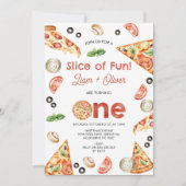 ヴィンテージレッドツインズピザスライスのおもしろいの最初の誕生日 招待状 (正面)