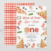 ヴィンテージレッドツインズピザスライスのおもしろいの最初の誕生日 招待状 (正面/裏面)