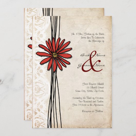 ヴィンテージレッドデイジー結婚式招待状 招待状 (正面/裏面)