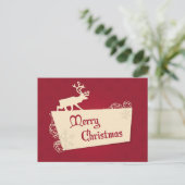 ヴィンテージレッドトナカイと雪の結晶クリスマス シーズンポストカード (スタンド正面)