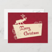 ヴィンテージレッドトナカイと雪の結晶クリスマス シーズンポストカード (正面/裏面)