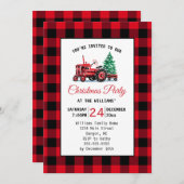 ヴィンテージレッドトラクターとツリーのクリスマスパーティー 招待状 (正面/裏面)