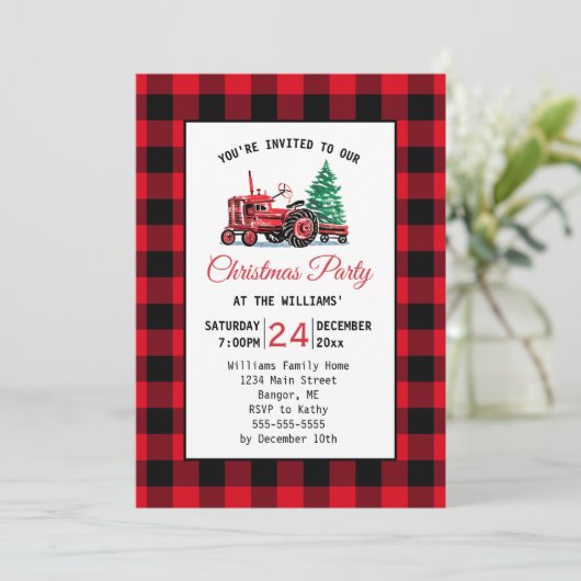 ヴィンテージレッドトラクターとツリークリスマスパーティー 招待状 (スタンド正面)
