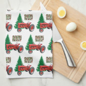 ヴィンテージレッドトラクターとツリークリスマス キッチンタオル (四つ折り)
