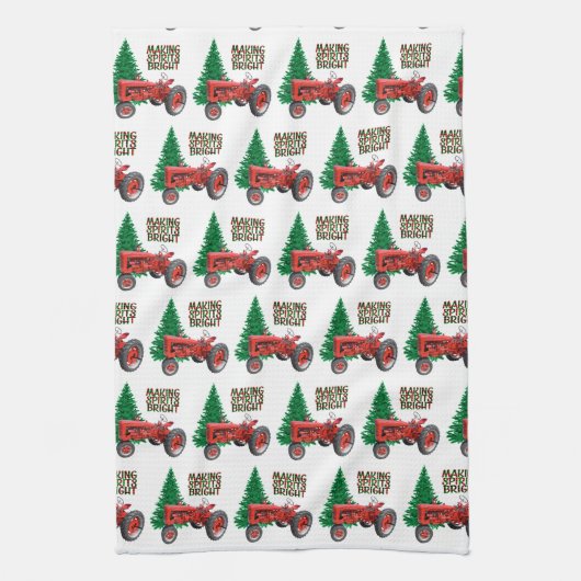 ヴィンテージレッドトラクターとツリークリスマス キッチンタオル (縦)