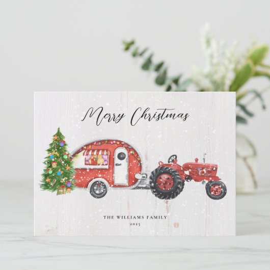 ヴィンテージレッドトラクターキャンパークリスマスノンフォト シーズンカード (スタンド正面)