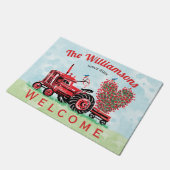 ヴィンテージレッドトラクターピンクフローラハート歓迎 ドアマット (アングル)