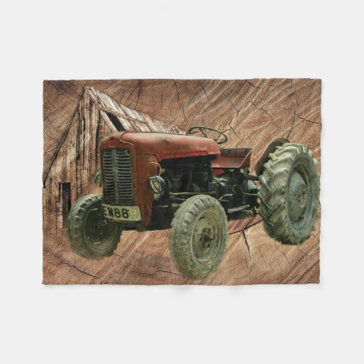 ヴィンテージレッドトラクター素朴バーンシェッド フリースブランケット (正面(横))