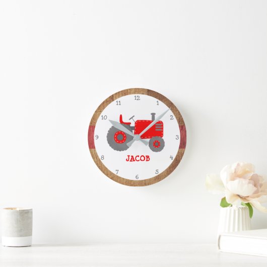 ヴィンテージレッドトラクタ素朴ーボーイベッドルームまたは子供部屋 ラウンド壁時計 (ホーム)
