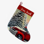 ヴィンテージレッドトラックとクリスマスツリーかわいい雪 ラージクリスマスストッキング (正面 (吊り時))