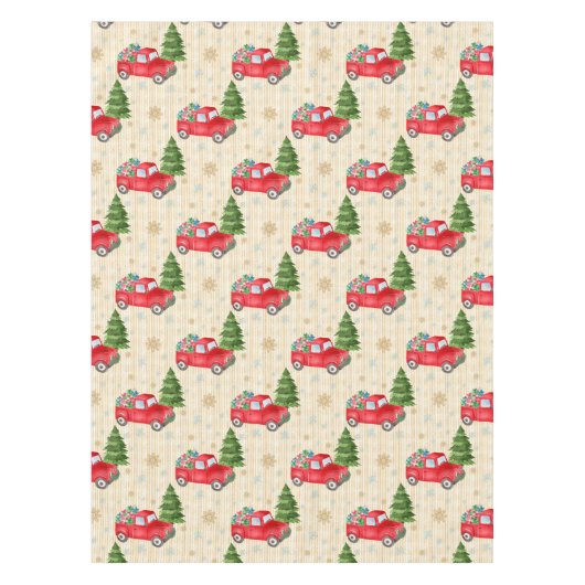 ヴィンテージレッドトラックとクリスマスツリーのテーブルクロス テーブルクロス (正面)