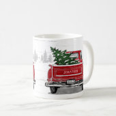 ヴィンテージレッドトラックとクリスマスツリーの名前を追加 コーヒーマグカップ (正面右)