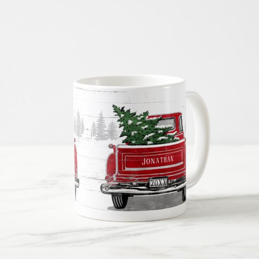 ヴィンテージレッドトラックとクリスマスツリーの名前を追加 コーヒーマグカップ (正面右)