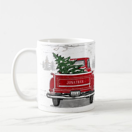 ヴィンテージレッドトラックとクリスマスツリーの名前を追加 コーヒーマグカップ (左)