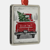 ヴィンテージレッドトラックとクリスマスツリーの家族名 メタルオーナメント (右)