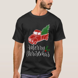 ヴィンテージレッドトラックとクリスマスツリーシャツロングS Tシャツ