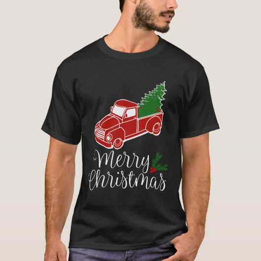 ヴィンテージレッドトラックとクリスマスツリーシャツロングS Tシャツ (正面)