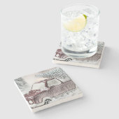 ヴィンテージレッドトラックとクリスマスツリースケッチ ストーンコースター (横)