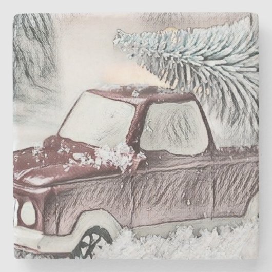 ヴィンテージレッドトラックとクリスマスツリースケッチ ストーンコースター (正面)