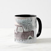 ヴィンテージレッドトラックとクリスマスツリースケッチ マグカップ (正面右)