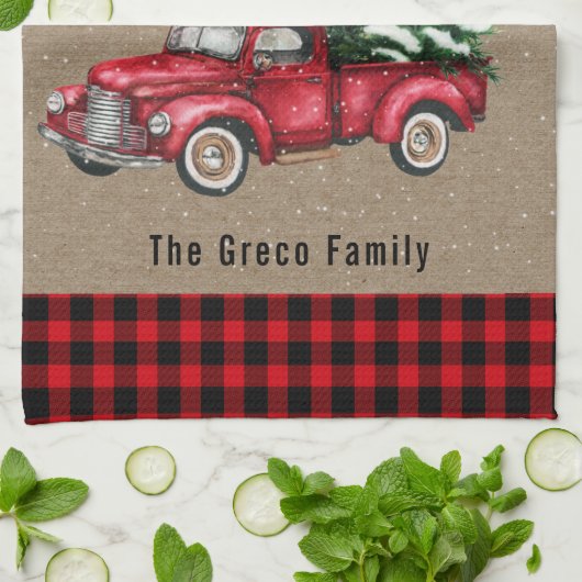 ヴィンテージレッドトラックとクリスマスツリープレイドファミリー キッチンタオル (折り畳み)