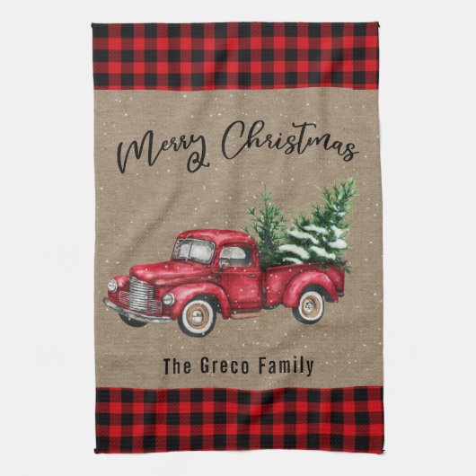 ヴィンテージレッドトラックとクリスマスツリープレイドファミリー キッチンタオル (縦)