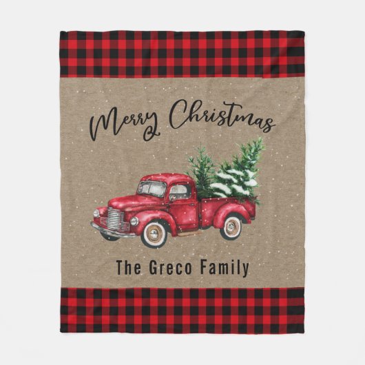 ヴィンテージレッドトラックとクリスマスツリープレイド名 フリースブランケット (正面)