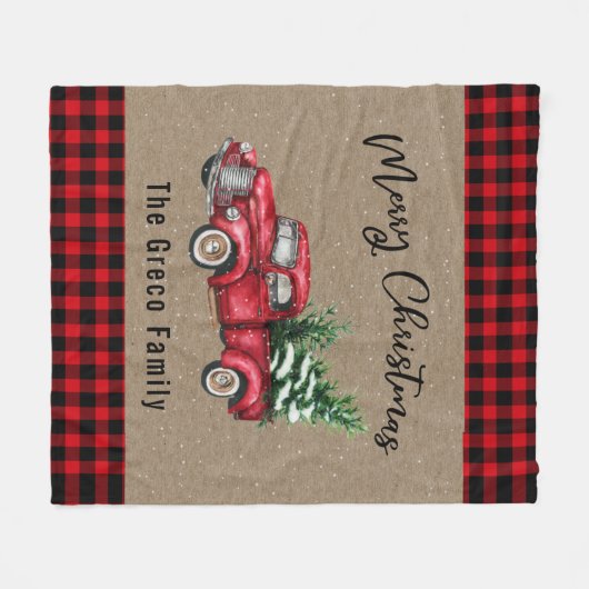 ヴィンテージレッドトラックとクリスマスツリープレイド名 フリースブランケット (正面(横))